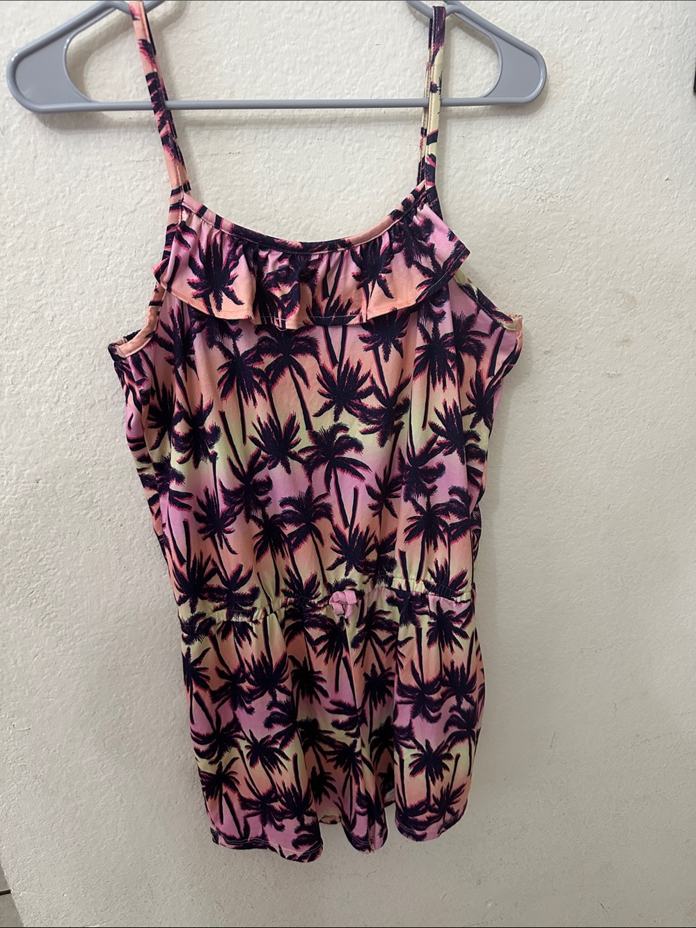 wonder nation Pink and Black Palm-Print Girls Romper